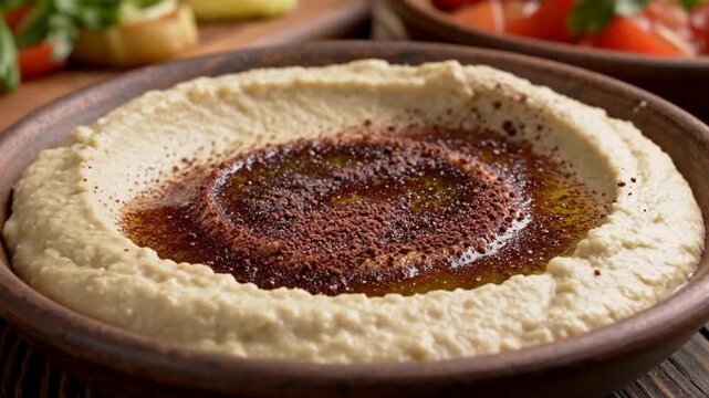 pouring sumac spice on fresh hummus with olive oil in a bowl