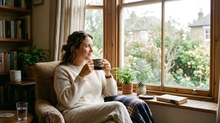 Fototapeta premium Woman Relaxing at Home with a Cup of Coffee by the Window.