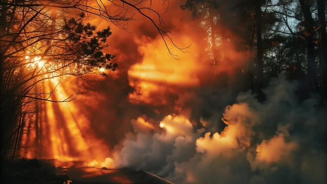 Wildfire raging through dense forest trees concept. Dramatic forest fire with intense flames and smoke during sunset in natural wilderness