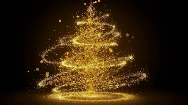 Golden sparkling Christmas tree with glowing swirling lights on dark background festive holiday decoration