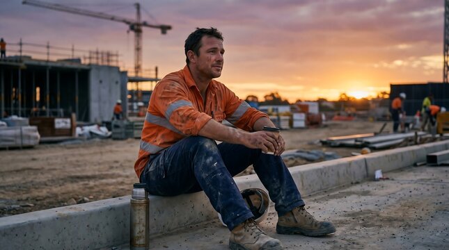 Tired Construction Worker Resting at Building Site During Sunset