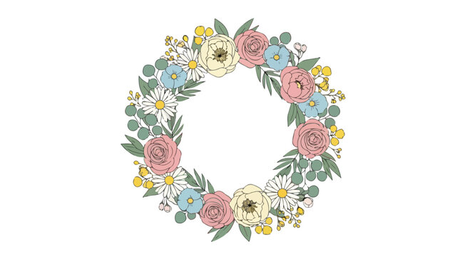A floral wreath with pink, white, and blue flowers