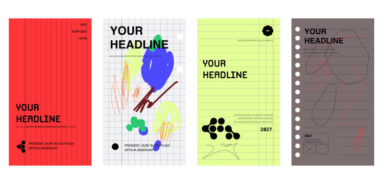 Abstract trendy poster templates with lined notebook paper style and artistic doodles. Modern minimal vector covers with grid backgrounds, handwritten scribbles, and bold typography layout. 