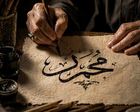 Close-up of elderly hands practicing traditional Arabic calligraphy with black ink and reed pen on aged parchment paper, dark moody atmospheric lighting.