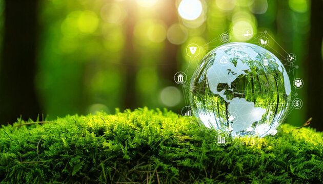 ESG icon concept in the hand for environmental, social, and governance in sustainable and ethical business on the Network connection on a green background.