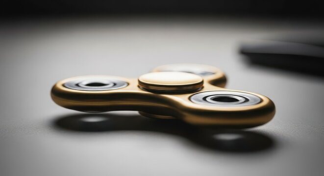 Close-up of a gold metal fidget spinner toy in motion, focusing on its intricate design and spinning action.