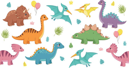 Cute Dinosaur Cartoon Set with Triceratops, Stegosaurus, Pterodactyl and Colorful Prehistoric Animals for Kids Illustration, Nursery Design, and Playful Vector Collection © Priyanka