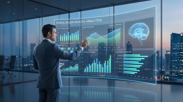 Businessman analyzing population health data on a futuristic holographic display with brain graphics