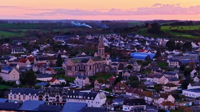 Panoramic View Port-en-Bessin-Huppain In The Calvados Department In The Normandy Region In Northwestern France. Aerial Shot