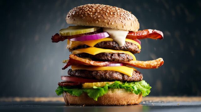 Tall Quadruple Bacon Cheeseburger Stack on Dark Studio Background, Surreal