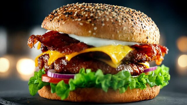 Close Up Double Bacon Cheeseburger with Melted Cheese on Dark Table, Surreal