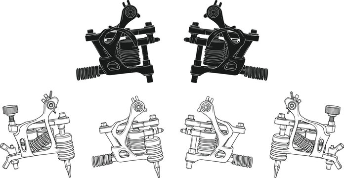 Tattoo Machine Collection with Coil Tattoo Gun Line Art and Silhouette Equipment Vector Illustration Set
