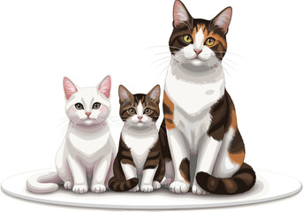 Cute Cat Family Illustration with Three Domestic Cats Sitting Together Realistic Cartoon Vector Style © Priyanka