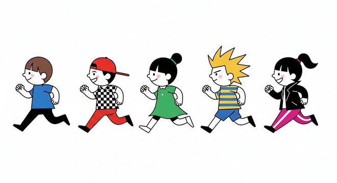 Cute colorful cartoon characters of children running happily in a row illustration