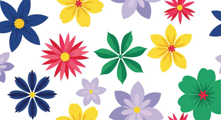 Obraz premium Seamless pattern of colorful flat flowers on white background, floral