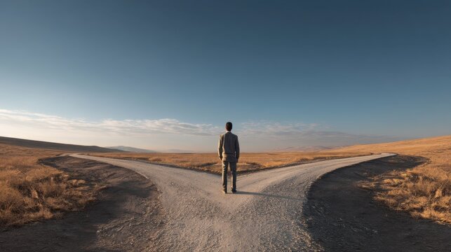 Man standing at a fork in a dirt road surrounded by dry grassland under a clear blue sky, contemplating the two paths ahead in a rural landscape