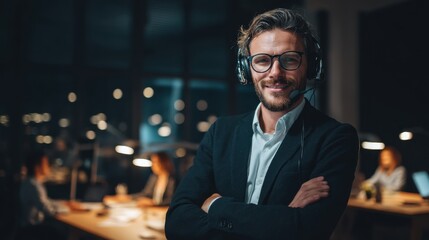 Fototapeta premium Male customer service representative wearing headset smiles confidently in modern office environment with colleagues working at desks in the background