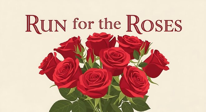 "Run for the Roses" is written in an exquisite serif font on a flat vector depicting a bouquet of red roses