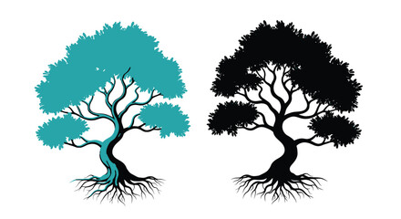 A vibrant teal tree stands beside its stark black silhouette showcasing contrasting botanical representations © Shakil