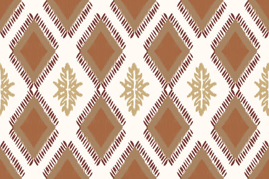 Ikat seamless pattern with cute leaf motifs in warm brown tones inspired by natural botanical and woven textile design. Soft texture ideal for fabric, upholstery, wallpaper, and rug in modern interior