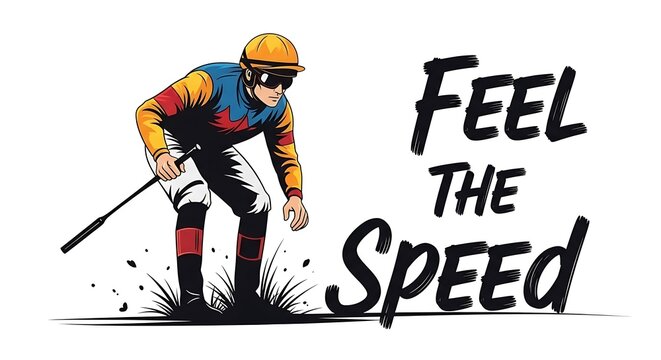 Mid-race, a chic jockey silhouette with the words "Feel the Speed"