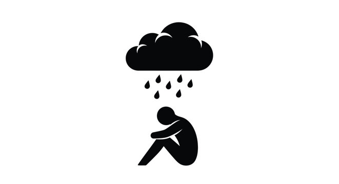 A minimalist illustration depicts a person sitting in the rain under a dark ominous cloud