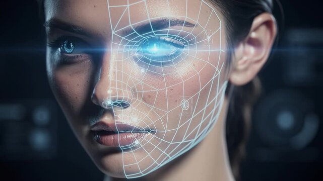 Futuristic facial recognition technology with a woman&rsquo;s face and digital data overlay for cyber security