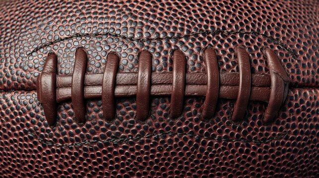 Close-up view of a textured brown leather American football showcasing laces and surface details against a neutral background