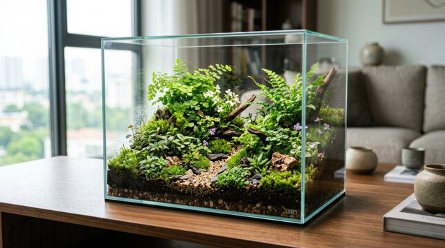 Lush green terrarium in glass cube, miniature ecosystem with plants moss and wood, creating a vibrant indoor garden, home decor accent
