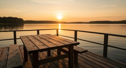 Obraz premium Wooden table on a pier overlooking a calm lake at sunrise