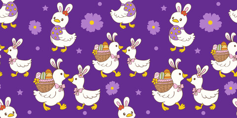 Happy Easter pattern. Spring holiday greeting card collection. Cute pastel silly easter goose bunny ear seamless pattern background. cartoon cottage spring hand drawn style © Sri drawing