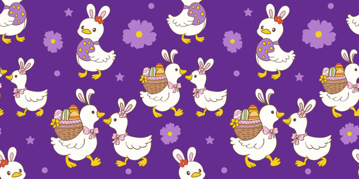 Happy Easter pattern. Spring holiday greeting card collection. Cute pastel silly easter goose bunny ear seamless pattern background. cartoon cottage spring hand drawn style