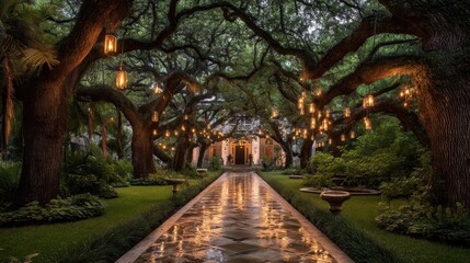Obraz premium Lush garden pathway illuminated by hanging lanterns beneath large oak trees leading to a charming house with a welcoming entrance in a serene outdoor setting