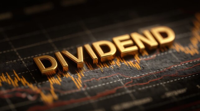 Golden text reading "DIVIDEND" displayed prominently on a dark financial chart with fluctuating lines and graphs representing stock market performance