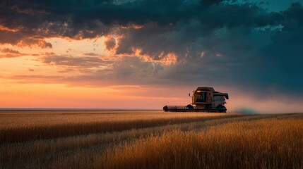 Fototapeta premium Agricultural combine harvester working in golden wheat field at sunset with dramatic clouds and vibrant sky in rural landscape