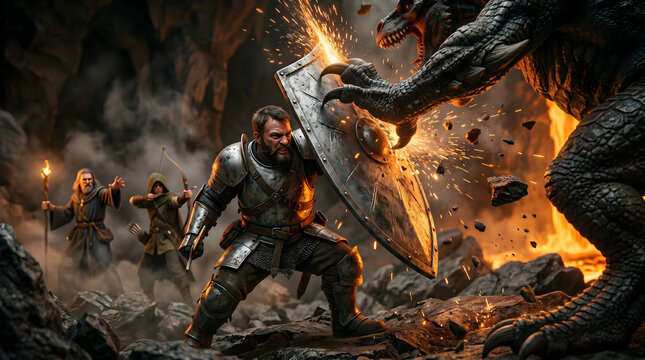 Epic fantasy battle scene featuring a brave knight in plate armor blocking a dragon attack with a shield in a dark cave