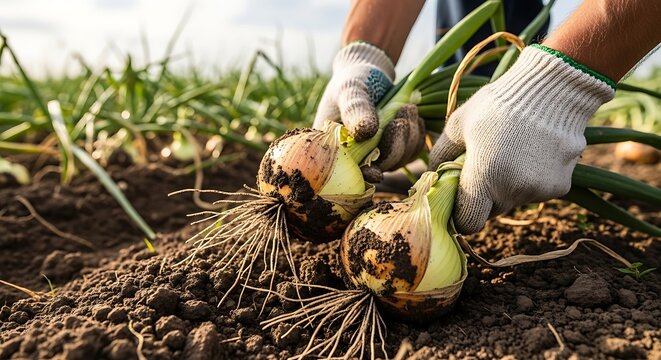 Hands carefully dig up two large bulbs from the earth in a garden.