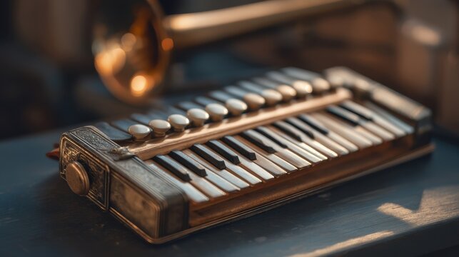 Vintage harmonium with black and white keys placed on a wooden surface, brass trumpet partially visible in the background, warm lighting enhances the scene