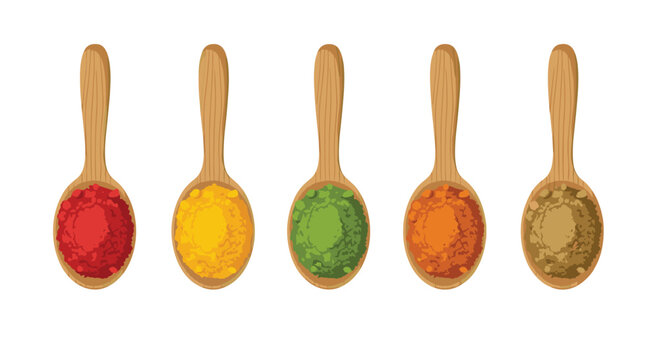 Five identical wooden spoons are arranged in a horizontal row, each holding a distinct and vibrant mound of colorful ground spice powder.