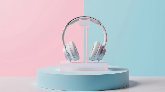 Wireless Headphones on Geometric Stand &ndash; Sleek White Audio Device Displayed on Pastel Gradient Background for Tech Product Launches and CES Expo Concepts