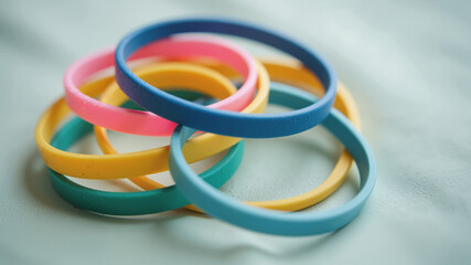Fototapeta premium Colorful Silicone Awareness Bracelets – Teal, Pink, Yellow, and Blue Wristbands for Health Campaigns and Fundraising Support