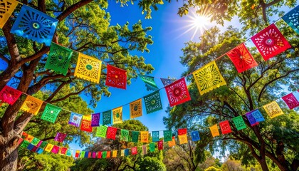 Fototapeta premium Vibrant festive colorful paper flags hanging between lush green trees under a bright blue sky with a shining sun during a sunny day celebration.