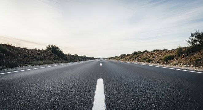 An empty asphalt highway receding into the distant horizon with a clear sky and barren landscape