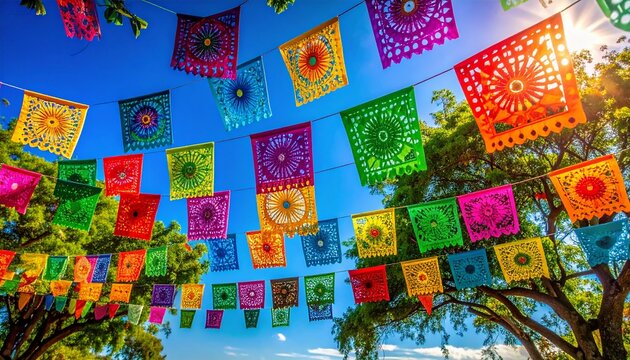 Brightly colored traditional Mexican paper banners hanging outdoors against a vibrant blue sky during a sunny day celebration festival event.