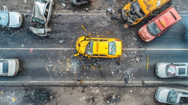 Aerial view of a major car accident scene with a yellow taxi and multiple damaged vehicles scattered across a busy urban road covered in debris and wreckage