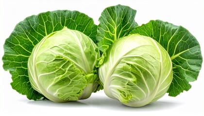 Fototapeta premium Fresh vibrant green cabbage heads with organic leaves isolated on white background perfect for healthy cooking and culinary vegetable concepts.