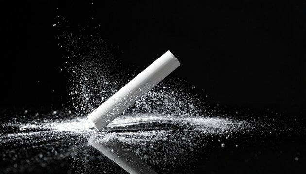 A single piece of white chalk hitting a black surface creating a dynamic cloud of fine dust particles against a dark minimalist background.