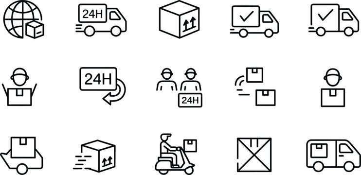 delivery, logistics, shipping, courier service, package handling, delivery truck, fast transport, global distribution, worker icon, hand truck, moving box, scooter delivery, crate icon, van symbol,