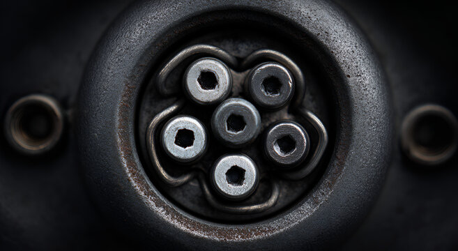 Close-up of a dark, weathered seven-pin electrical connector for a trailer hitch, showing the intricate internal contacts and surrounding texture.