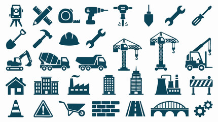 Construction Industry Icons: Tools, Vehicles, Buildings, and Signs Vector Set © Creative Layer
